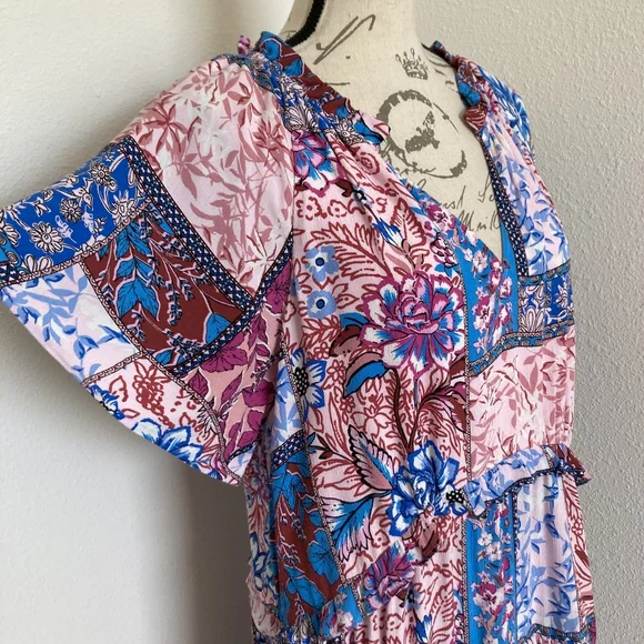By Anthropologie Robin Tiered Mini Dress L Boho Floral Festival Flowy Patchwork - Picture 8 of 17